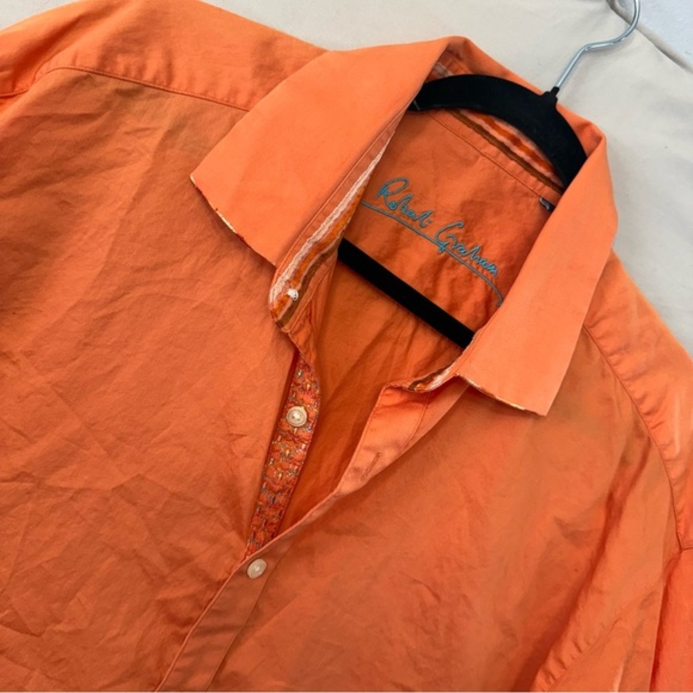 Robert Graham Shirt Mens XL Button Up Long Sleeve Flip Cuff  Embroidered Orange‎